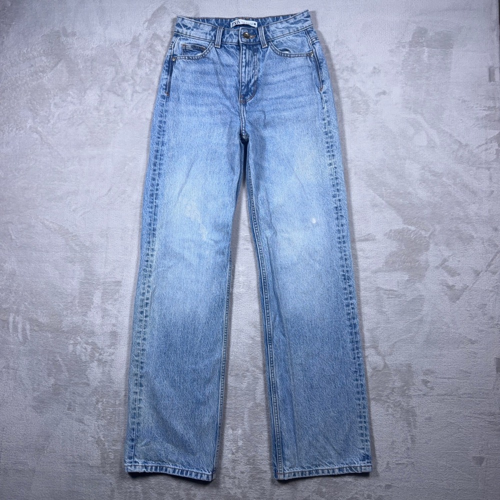Zara High Rise Straight Leg Jeans Womens 0 EUR 32 Light Wash 90s Full Len Denim